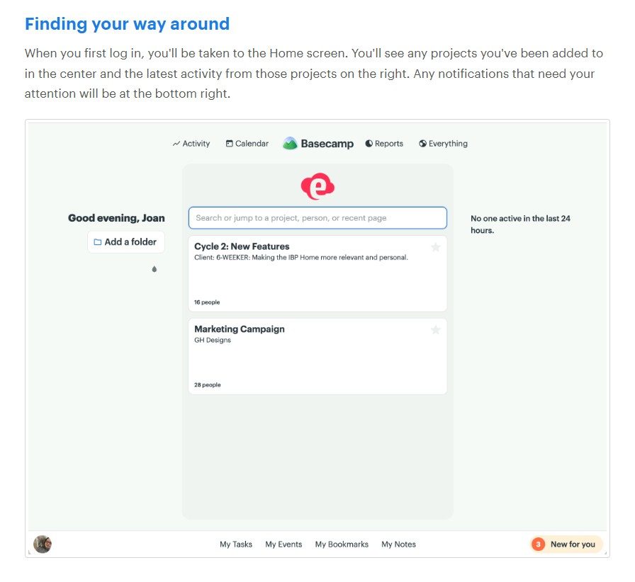 Finding your way around in Basecamp - the Home screen